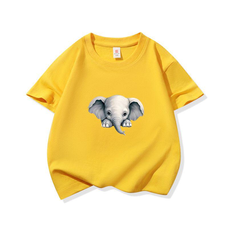 Kids Cotton T Shirt Cute Peeking Little Elephant Print Crew Neck Short Sleeve Tee Casual Breathable Boys Girls Summer Tops