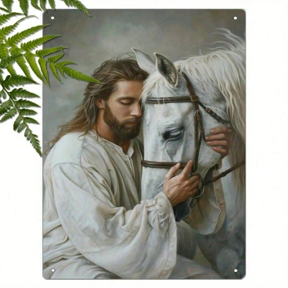 

Vintage Metal Wall Decor Jesus on White Horse Art Outdoor Indoor 20x30