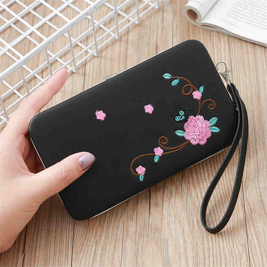 Fashion Females Flower Embroidery Long Wallet Ladies Wallet Women Cell Phone Bag