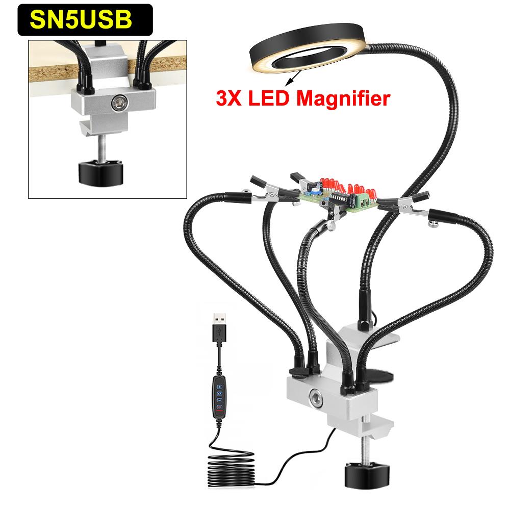 NEWACALOX Clip-on Soldering PCB Holder Tool with 3X LED Magnifier 5Pcs Helping Arms Welding Workshop Helping Station Repair