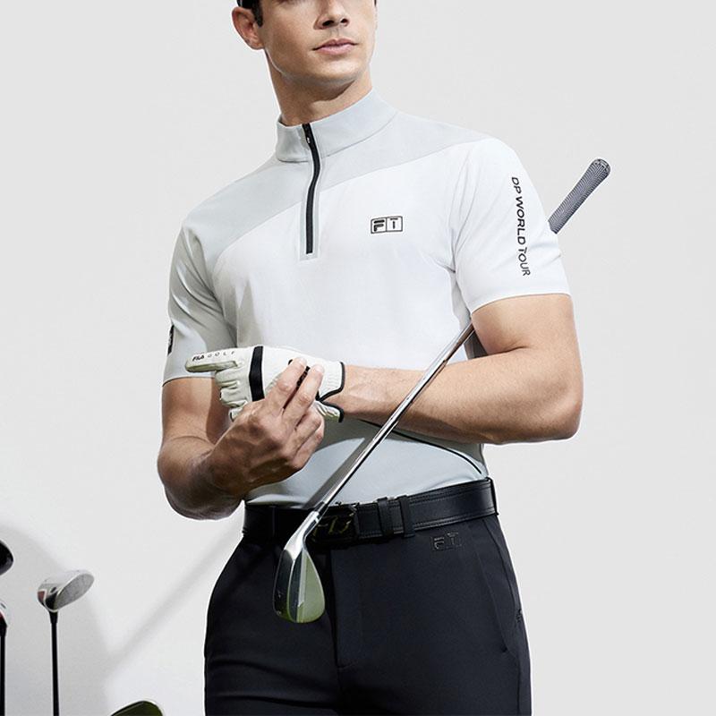FILA Color Block Polo Golf Elite Knit Short Sleeve T-Shirt Men Tops Mist-Gray-Blue A11M415101F-LB
