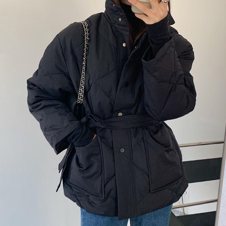 Winter Stand-up Collar Cotton Jacket Women Single-breasted Long-sleeved Solid Belt Thick Coat Korean Fashion Pocket Outerwear
