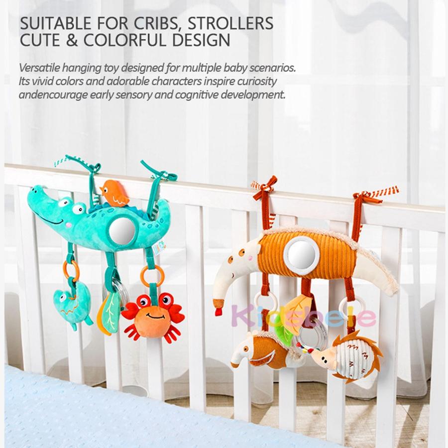 Cute Animal Plush Hanging Toy for Crib & Stroller – Soft Rattle, Teether & Mirror, Early Learning Sensory Toy