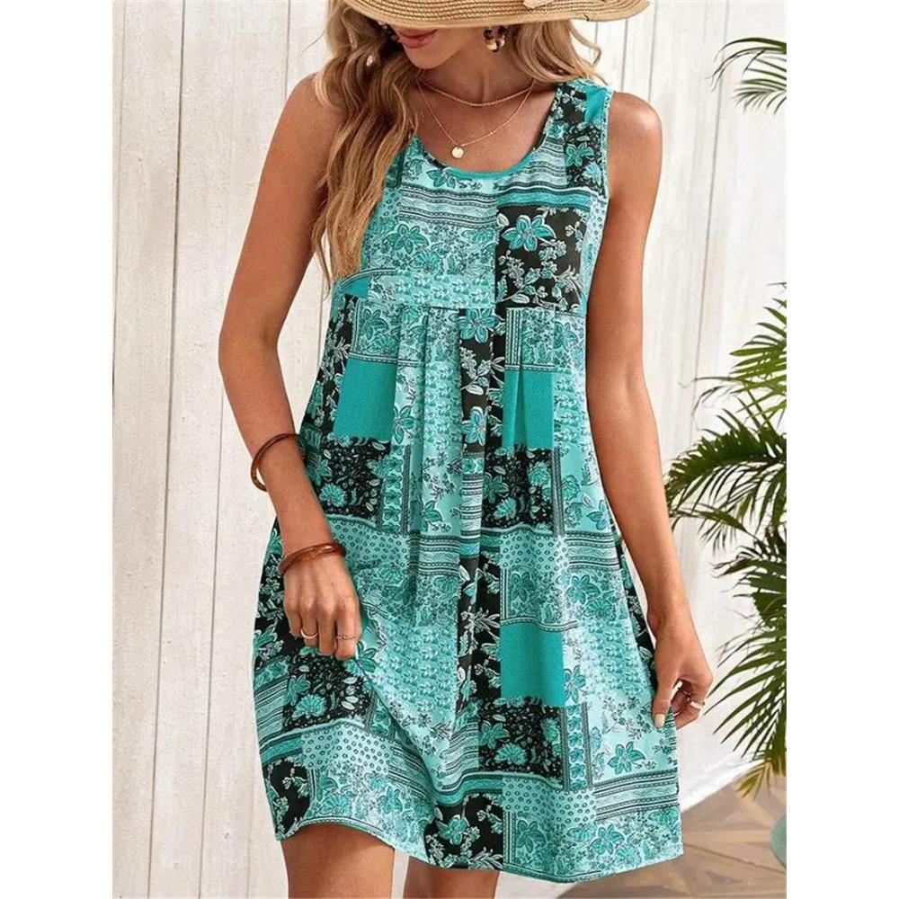 Damen Minikleid ärmellos 3D-Blumendruck Streetwear-Kleid Übergröße Retro Freizeitkleid