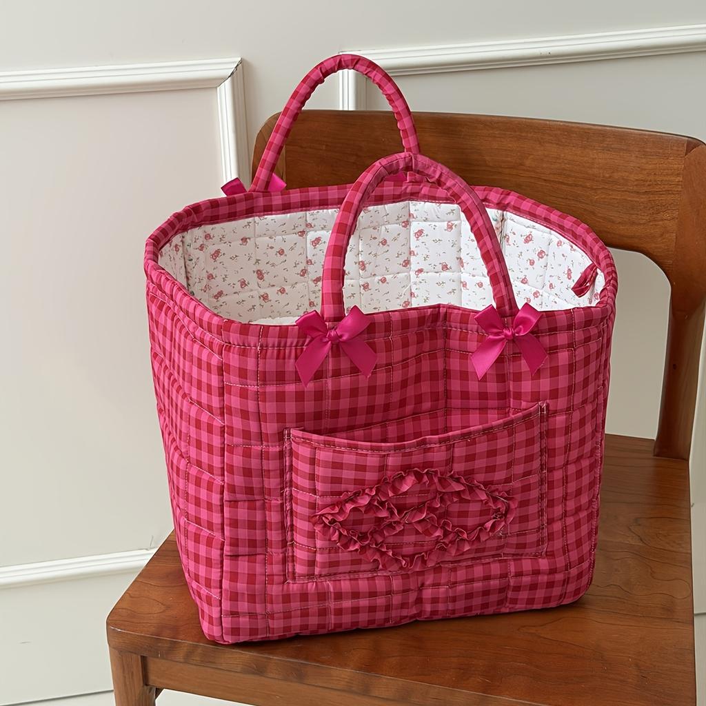 Vermilion Plaid Storage Basket with Stone Handles, Ins Style Portable Organizer for Bathroom Laundry & Sundries