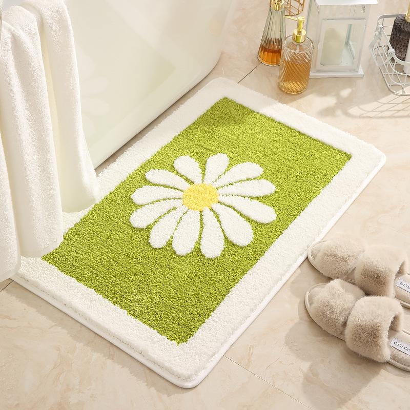 Inyahome Daisy Flower Bath Rugs Fluffy Soft Fiber Mat Non Slip Bathmat Plush Bathroom Rug for Bathroom Shower Room Floor Carpets