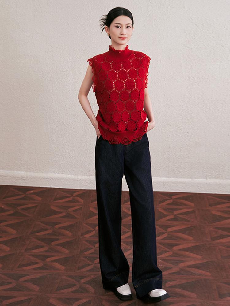 Niche Design Luxury Crochet Knit Wool Sleeveless Cardigan