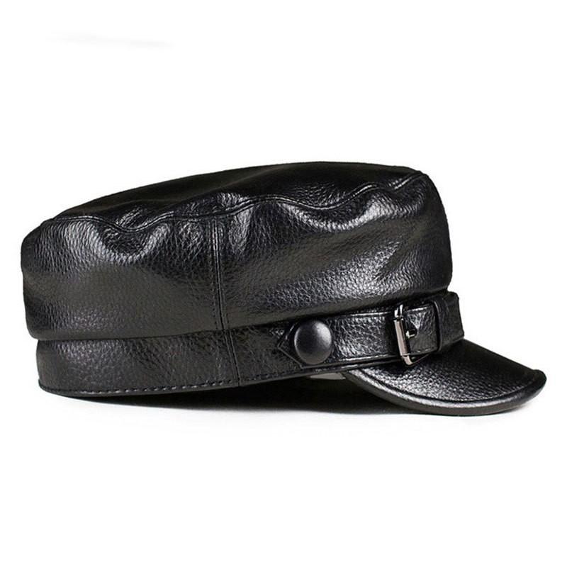 Unisex Flat Top Leather Cap Retro Black Cowboy Beret Short Brim Winter Warm Sun Protection