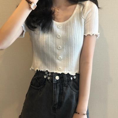 Solid Color Wood Ear Edge Summer Short Knit Round Neck Lace Short-sleeved Women's Top Slim Thin Knitwear Casual Essential Slim Fit Pullovers Tees