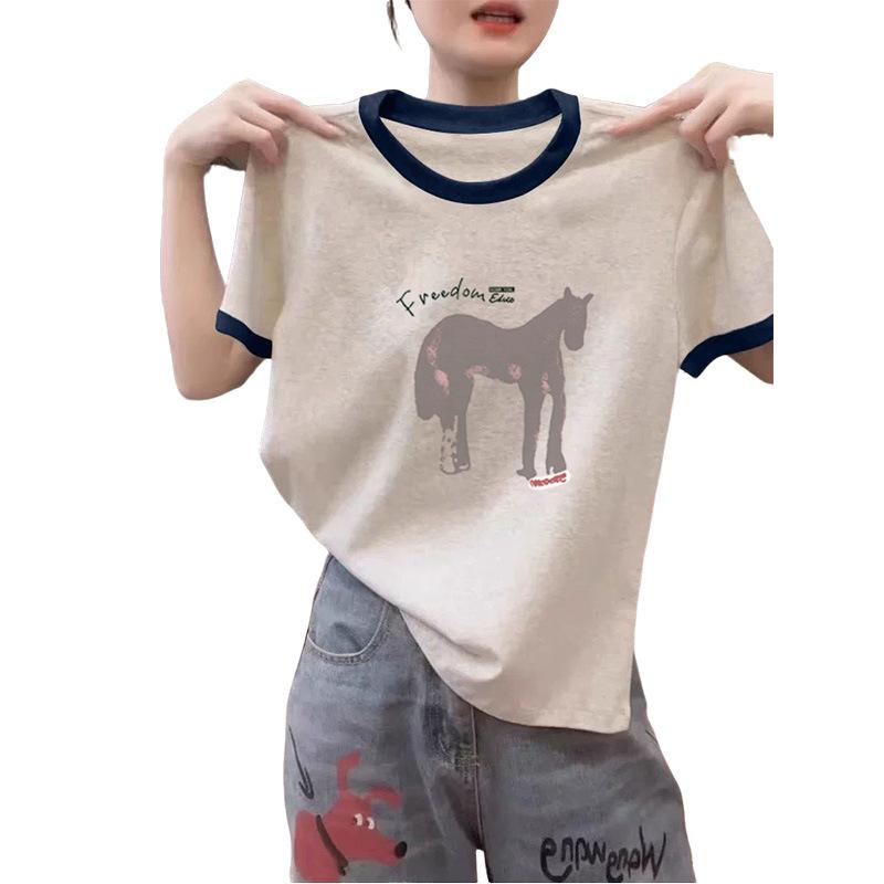 Contrasting color splicing front shoulder crew neck cotton short-sleeved T-shirt women's clothing Korean version of fashion versatile printed top