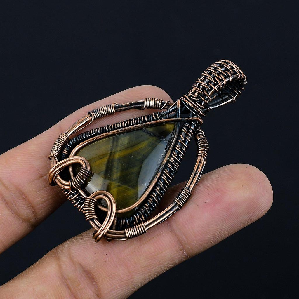 Blue Tiger Eye Pendant, 999 Copper Wire Wrapped Pendant Jewelry. Gift For Women Handmade Pendant Gemstone Jewelry