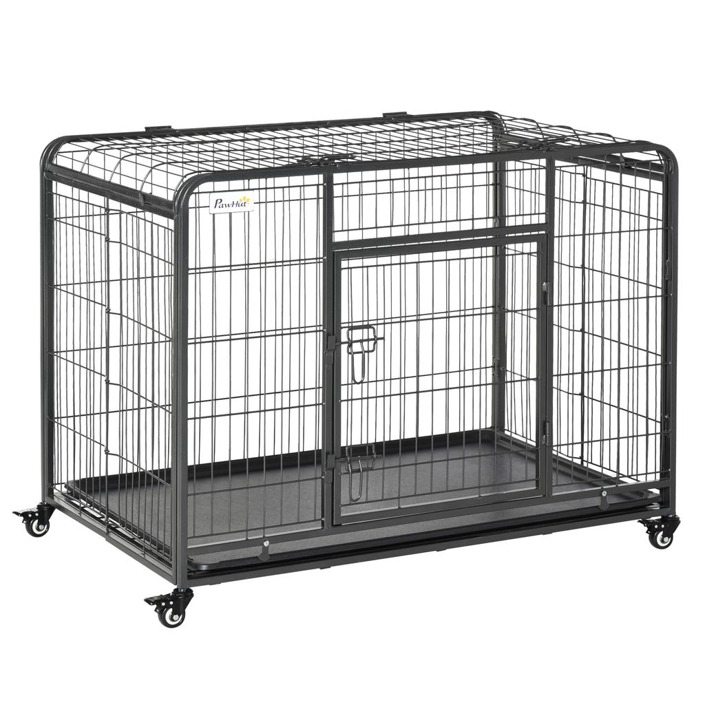 Folding Dog Kennel with Double Door and Lock, Dog Playpen with 4 Wheels with Brakes and Removable Bottom, 109.5x71x78cm, Dark Grey