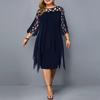 Chiffon Dress Spring European and American Women's Clothing Lace Patchwork 3/4 Sleeve Asymmetrical Hem Chiffon Dress