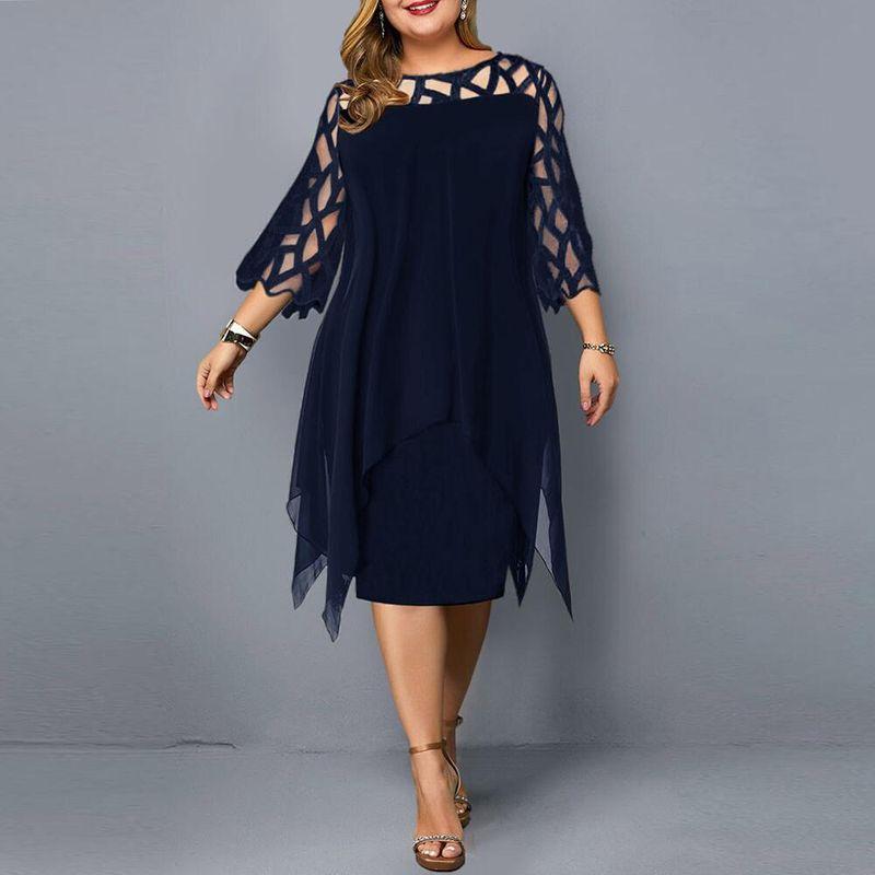 Chiffon Dress Spring European and American Women's Clothing Lace Patchwork 3/4 Sleeve Asymmetrical Hem Chiffon Dress