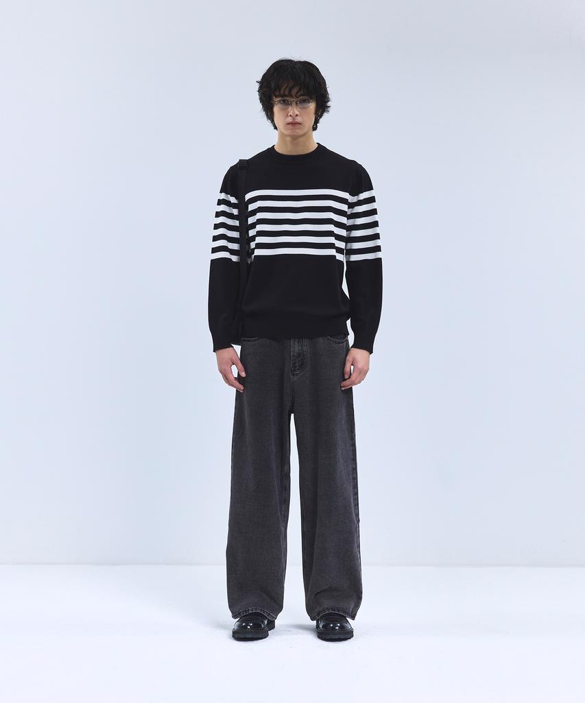 IRONYPORNO WHITELINE 86-Iroj366 Solid Striped Long Sleeve Knit Black