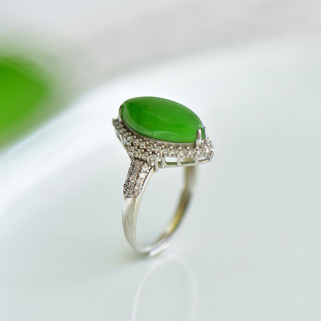 Xinjiang Hotan Jade S925 Silver Inlaid Spinach Green Jasper Ring
