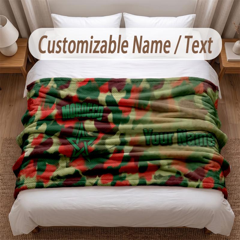 Morocco Football Printed Flannel Blanket Custom Name Text Soft Warm Throw For Bedroom Holiday Gift