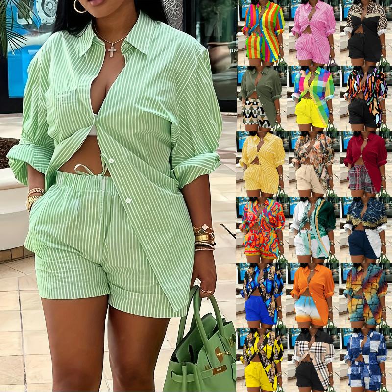 

Women s Colorful Checkered Shirt with Drawstring Shorts Casual Outfit Set S