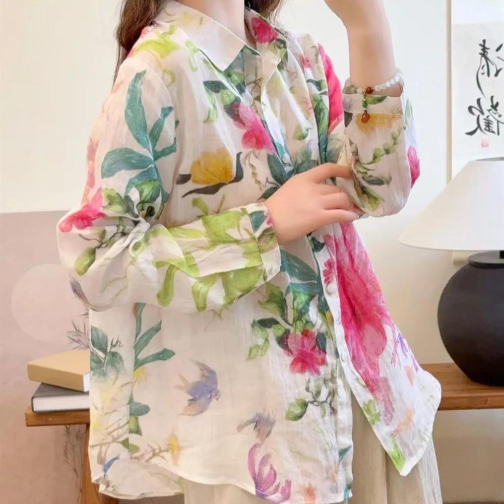 

Європейська станція 2025 Новий весняний темперамент Лацкан Довгий рукав Однобортна сорочка З принтом Вільна Приталена сорочка Жіноча Модна L бежевий