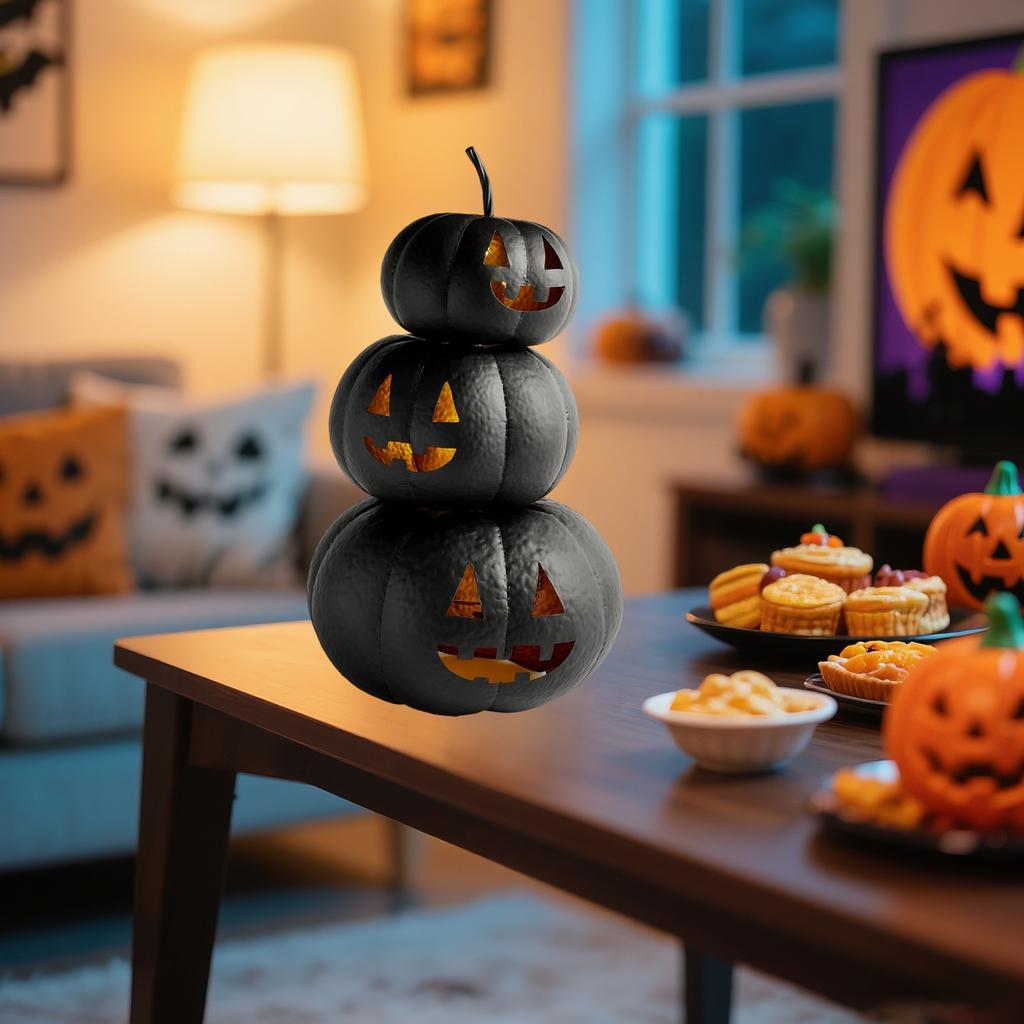 Black Stacked Plastic Pumpkins Towel Artificial Fake Halloween Decoration Paint Pumpkins For Porch Table Kitchen