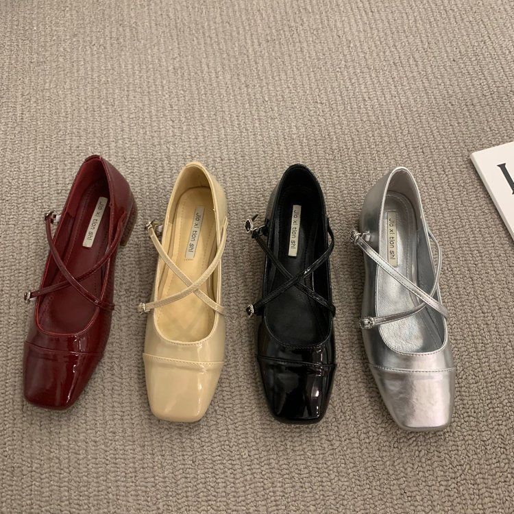 Coarse heel crossed silver Mary Jane square head single shoes women's shoes 2025 new autumn evening gentle flat shoes