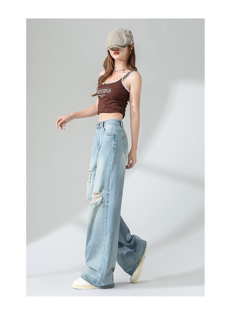 Women's High-Waisted Retro Blue Ripped Jeans – Summer 2026, Loose Fit, Slimming, Straight Leg, Floor-Length
