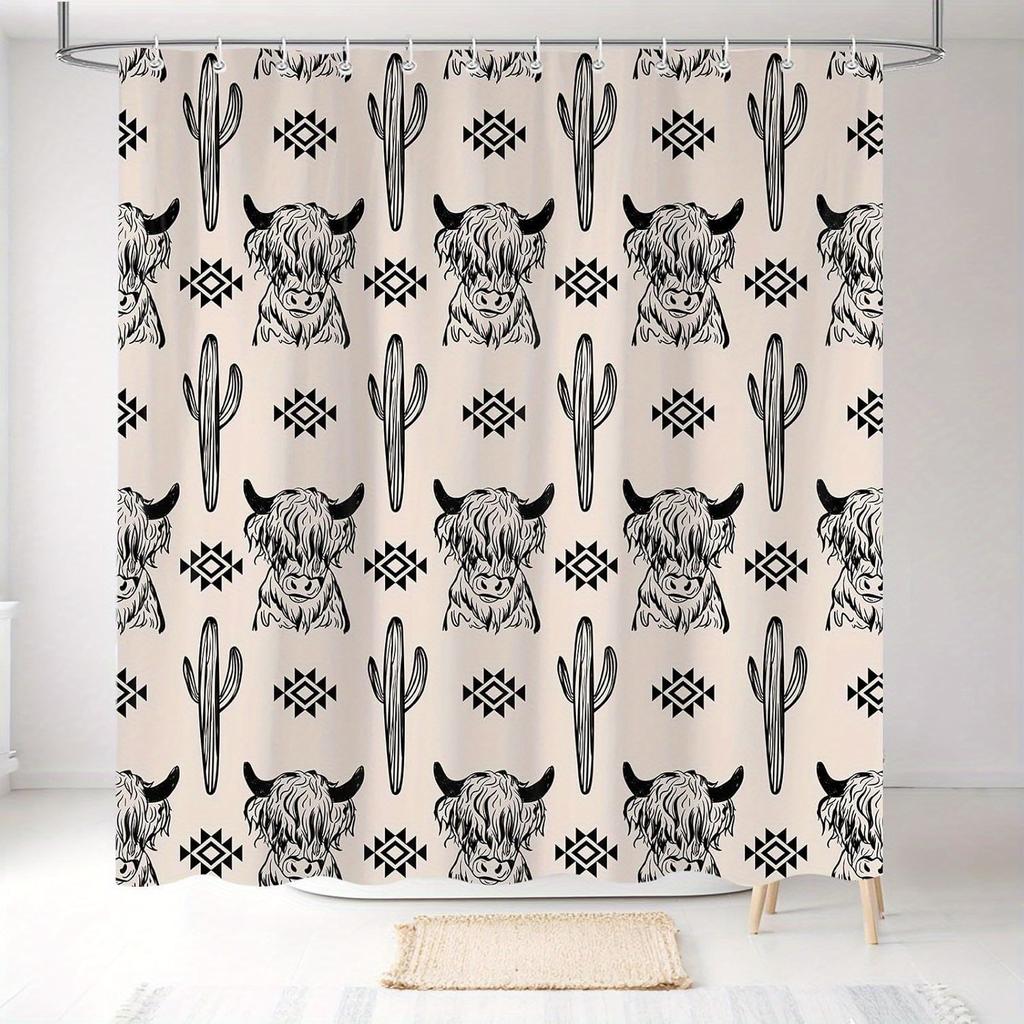 Western Boho Shower Curtain - Highland Cow & Cactus Design, Durable Polyester with 12 Hooks for All-Season Use