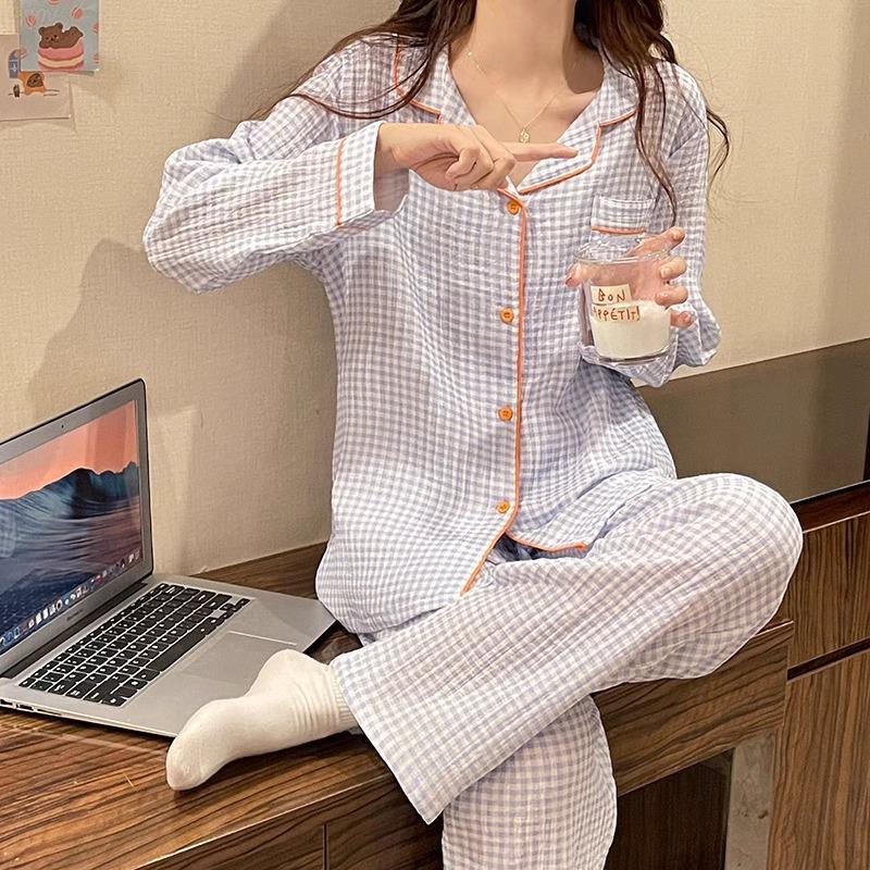 

Весна и осень женские пижамы комплект домашней одежды пижамы для подруг женские модели в клетку для пар простые пижамы комплект домашней одежды M синий