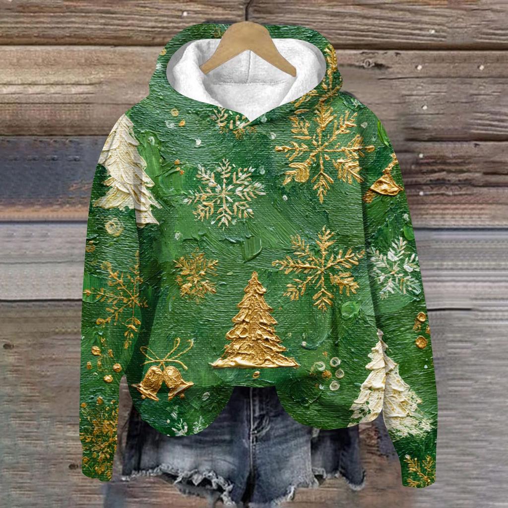 Women's Fashion Long Sleeve Christmas Print Loose Hooded Sweatshirt Top