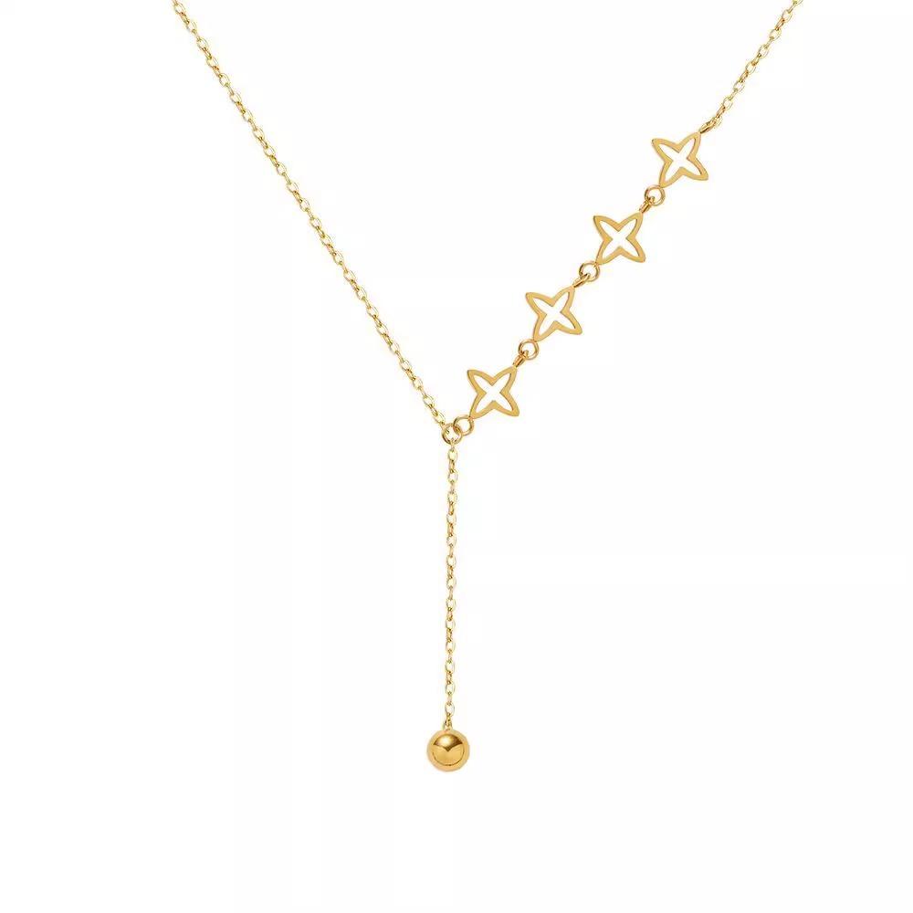 Stainless Steel 18k Gold Plated Waterproof Choker Chain Trendy Hollow Clover Y Shape Tassel Party Fashion Jewelry Necklaces