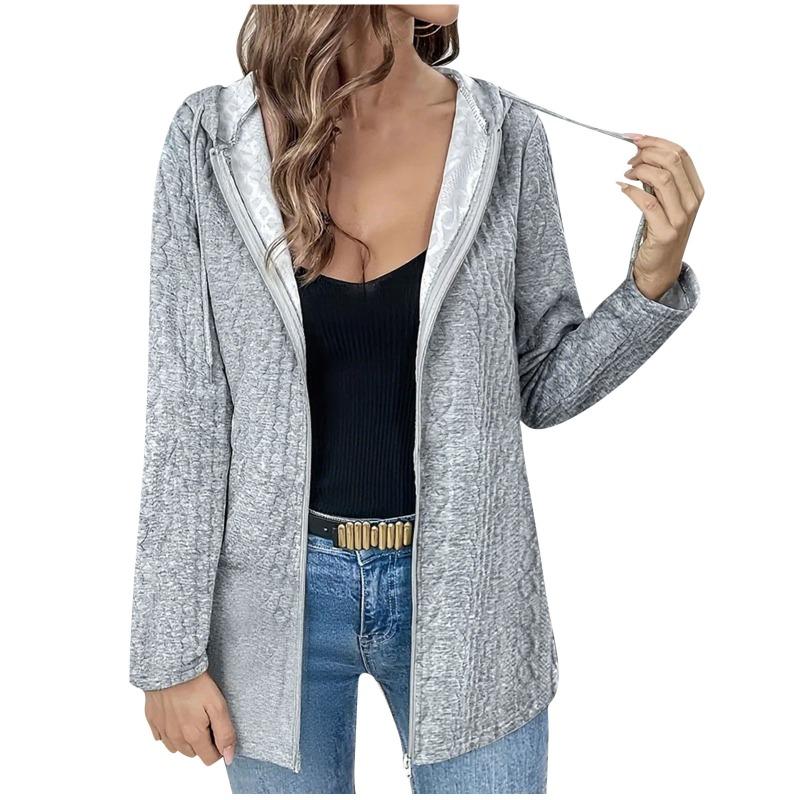 Women's New Spring Autumn Winter Loose Zipper Long-sleeved Hooded Top Solid Color Casual Cardigan Jacket