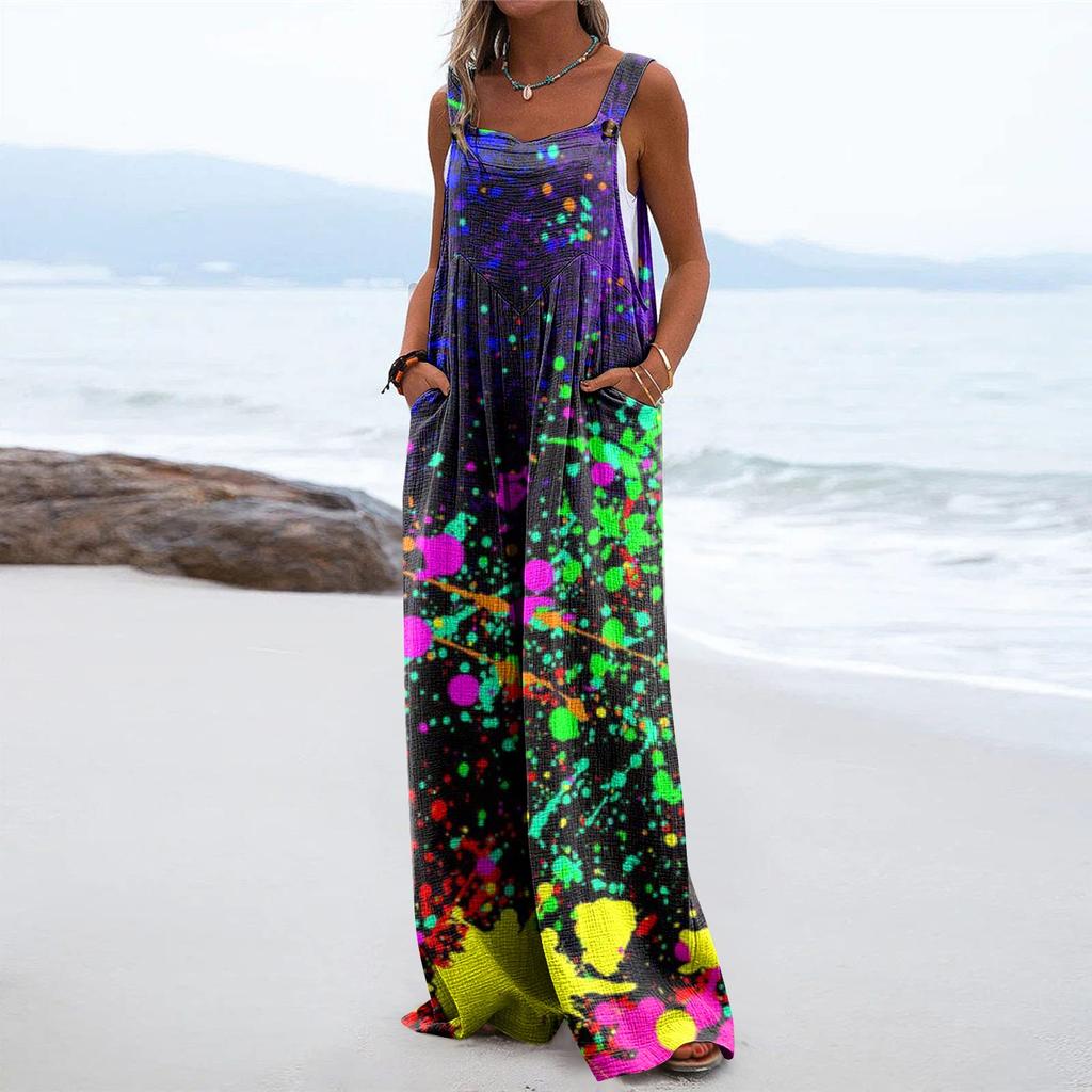 Women's One-Piece Button Up Jumpsuit Casual Loose Sleeveless Rompers With Pockets