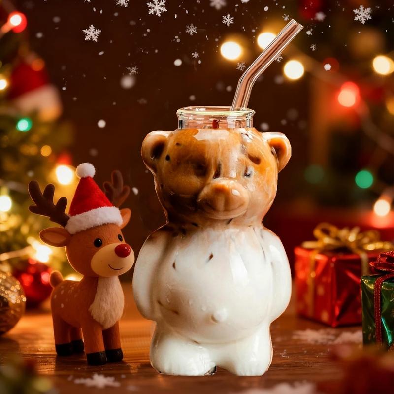 320ml Cute Glass Bear Cup with Straw Coffee Milk Cocktail Beverage Juice Cups Durable Drinks Glassware Christmas Birthday Gifts