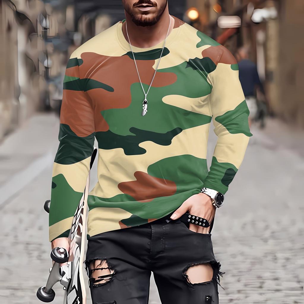 Men's T Shirt O-Neck Clothing Apparel Outdoor Long Sleeve Print Fashion Designer Vintage