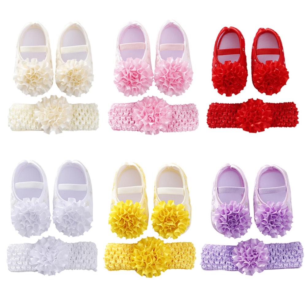 Newborn Baby Shoes Girls Flower Shoes Toddler Prewalker Cute Baby Soft Shoes For 0-12M Children With Hair Band