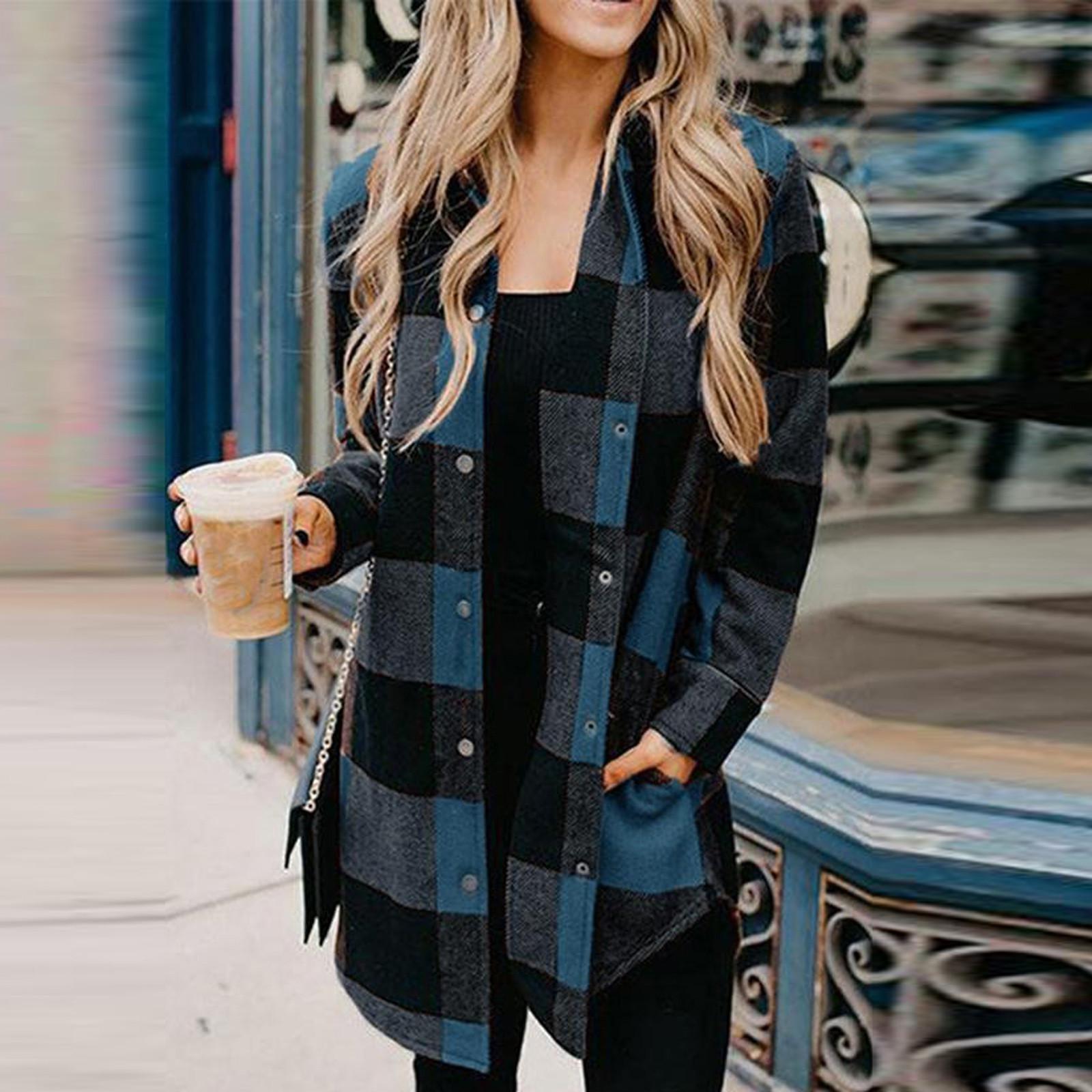 

Fashion Women Casual Pockets Lattice Printed Long Sleeve Tops Jacket Coat L синій