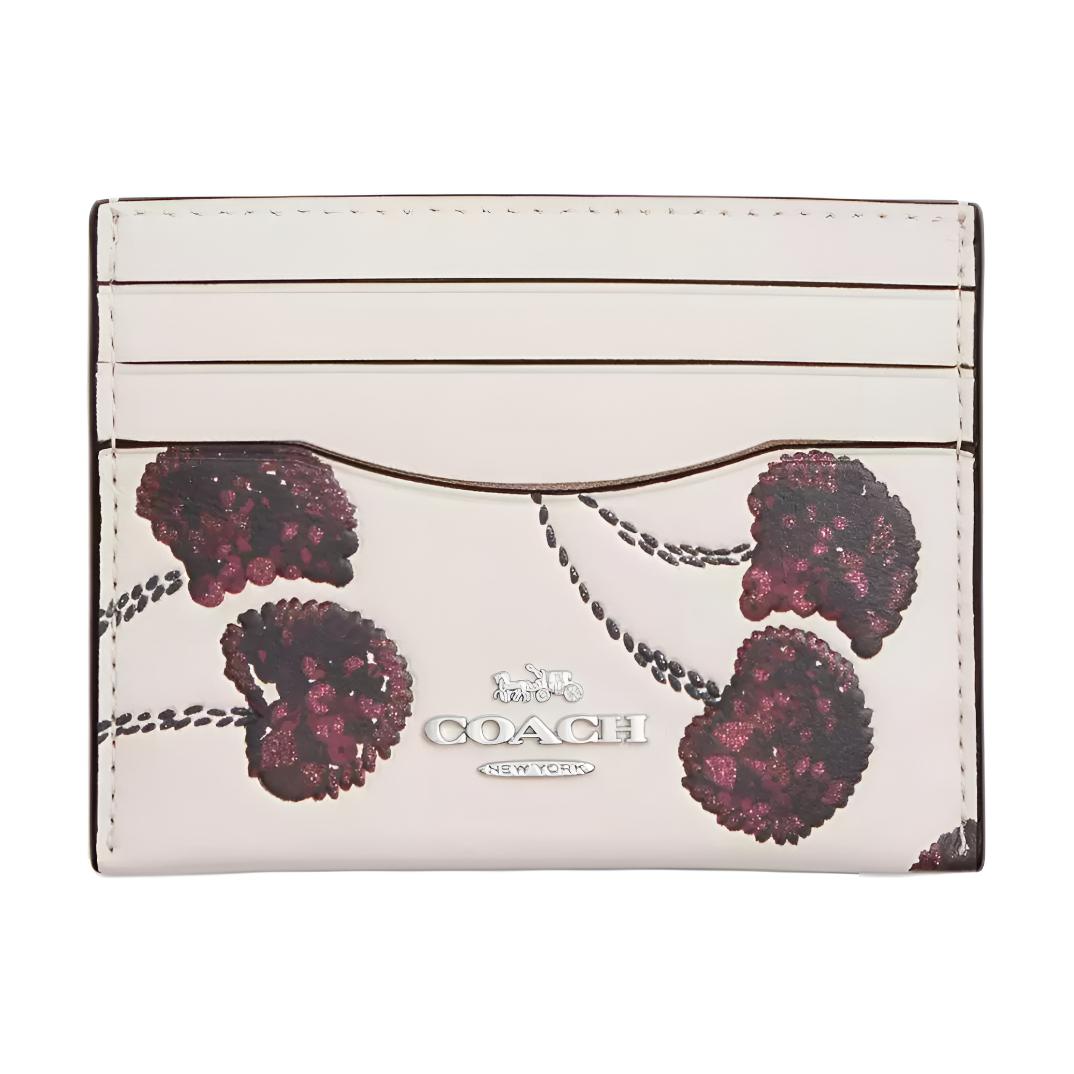 Coach Slim 10 Cherry Print Logo Credit Card Holder Smooth Leather Women Card Holder Silver Chalk CDG88-SVCAH Silver & Chalk
