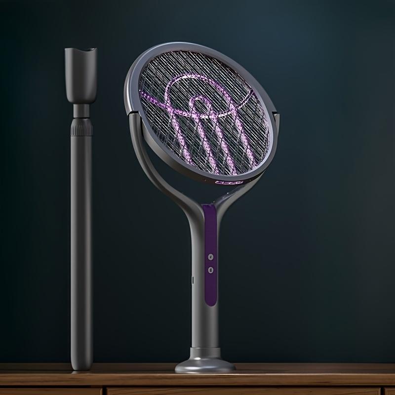 2 In 1 Foldable  Electric Mosquito  Swatter Rechargeable Rotating Head With Purple Light Indoor Outdoor Camping Retractable Pole
