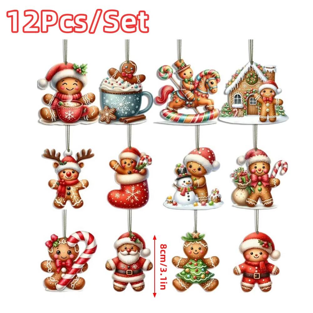 12Pcs Christmas Wooden Pendants Gingerbread Man Santa Claus Xmas Tree Hanging Ornaments Home Party Christmas Decor New Year Gift