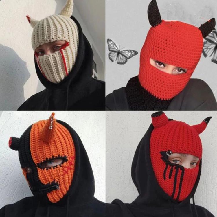 Y2K Style Crochet Halloween Party Cow Horn Parent-Child Ski Mask Hat