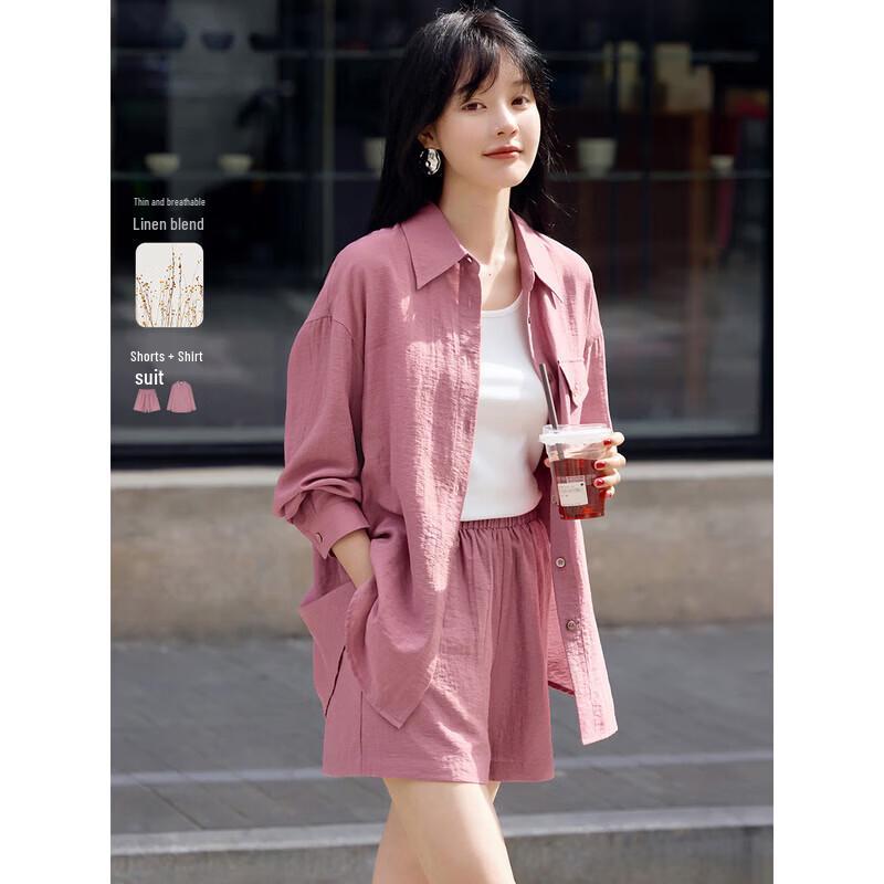 

Женский комплект из двух предметов: рубашка и шорты с эффектом льна M