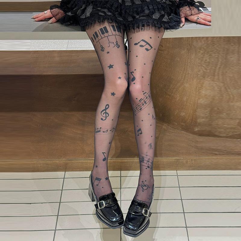 2025 New Sweet Music Notes Pantyhosen Sheer Black Tights for Women Thin Stretchy Stockings Cute Leggings Trendy Fashion Hosiery