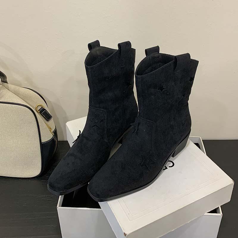 Anti-fur short boots hollow stars western cowboy boots 2025 autumn boots V-mouth thin thick-soled medium boots