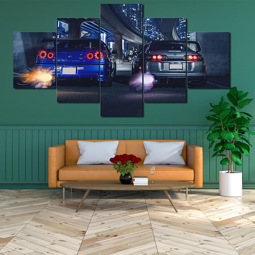 5 Pannelli Tela Arte Murale Poster Pittura GTR R34 VS Supra Veicolo Auto Carta da Parati Immagine Stampa Soggiorno Decorazione Casa Cornice