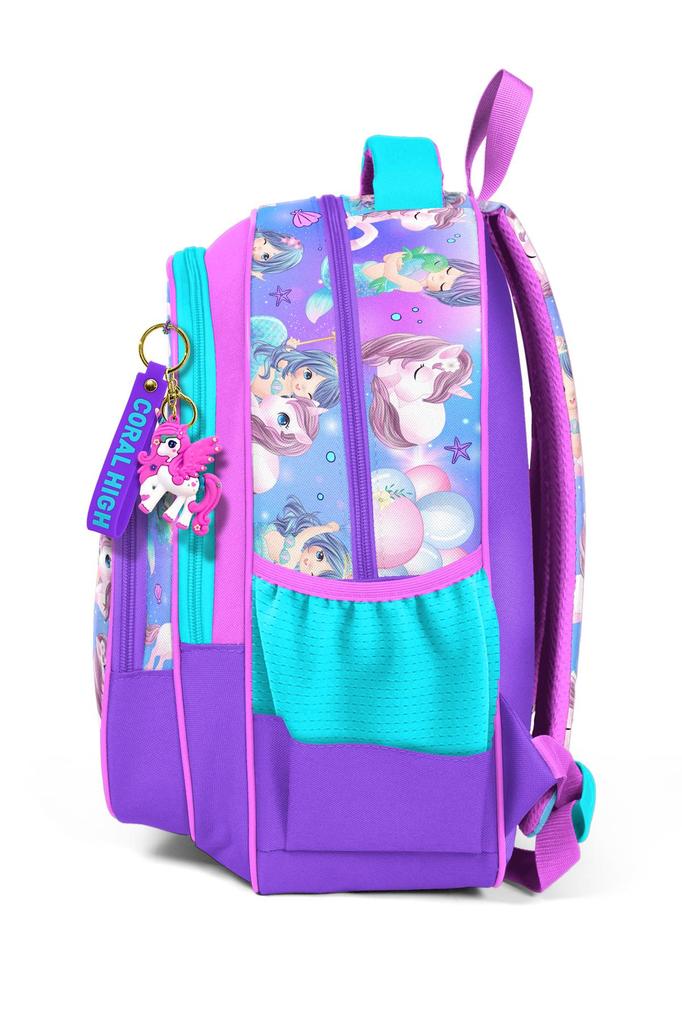 Coral High Kids Lila Rosa Einhorn Meerjungfrau Gemusterter Schulrucksack mit drei Fächern 23657