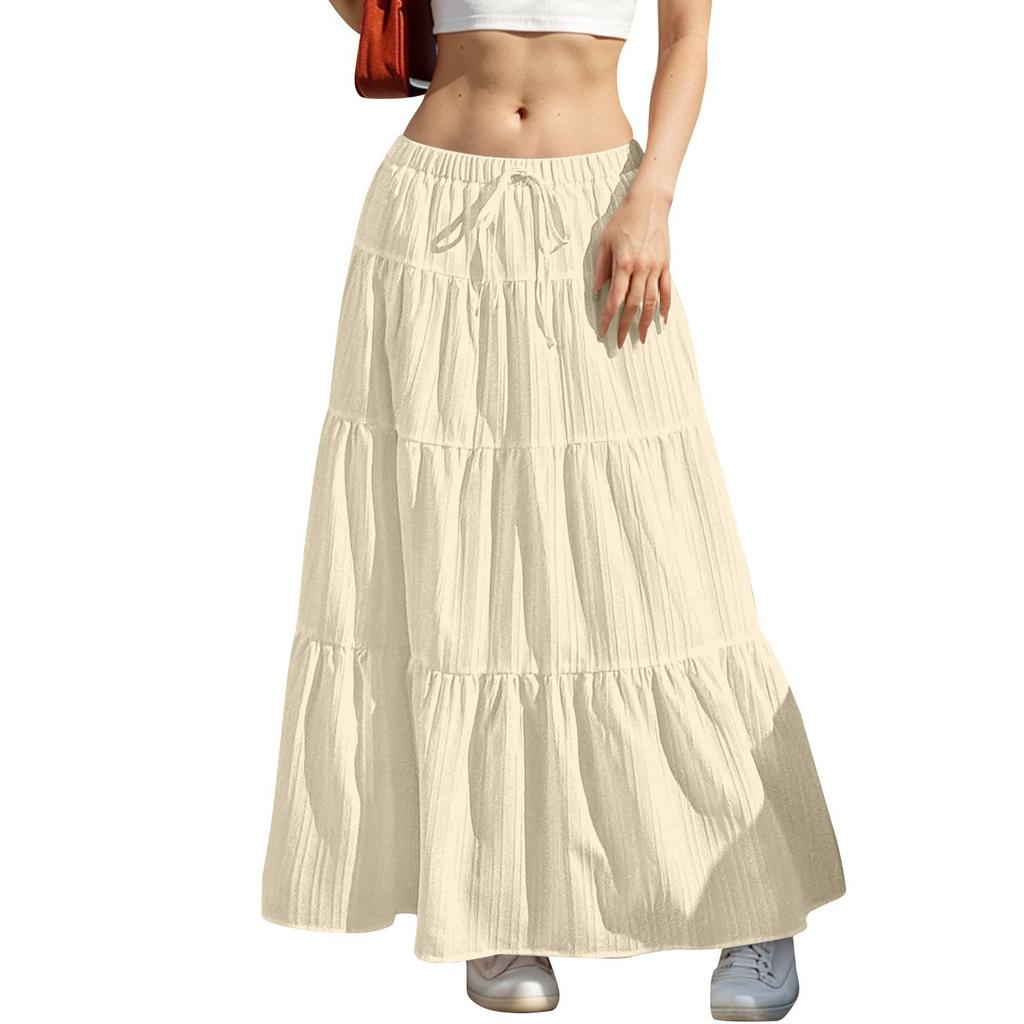 Women's Drawstring High Rise Midi Skirt Tiered Ruffle Maxi Skirt Casual Summer Long Skirt