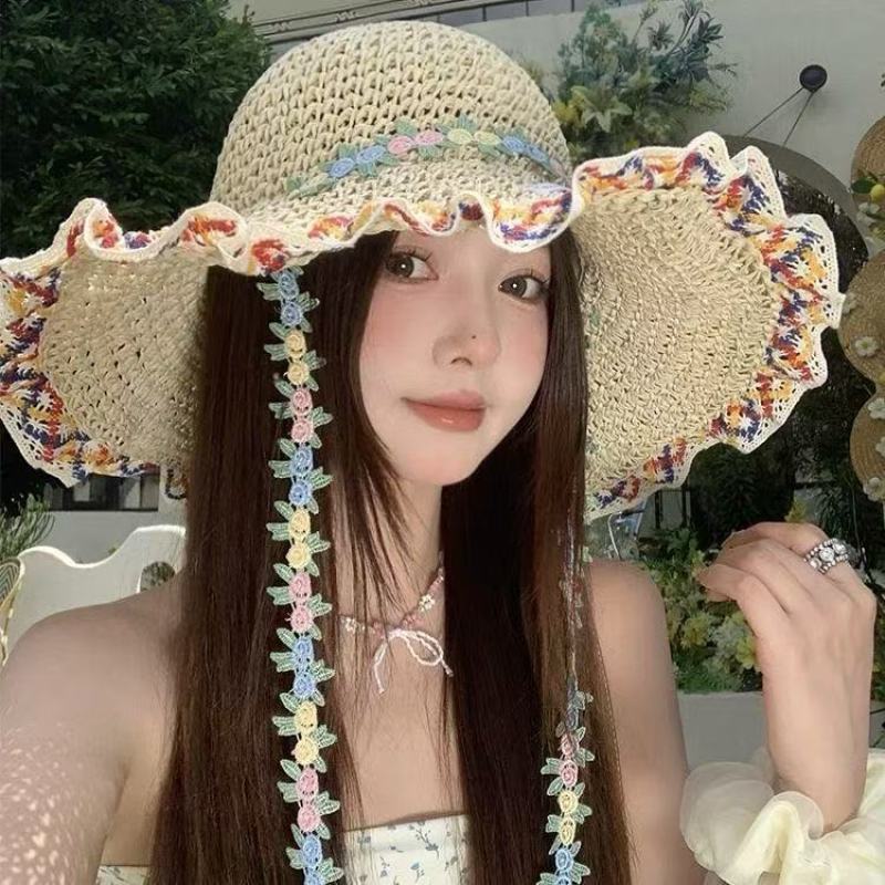 Big Brim Straw Hat Women's Summer Seaside Beach Vacation Ethnic Style Straw Bucket Hat Sunshade Sun Hat