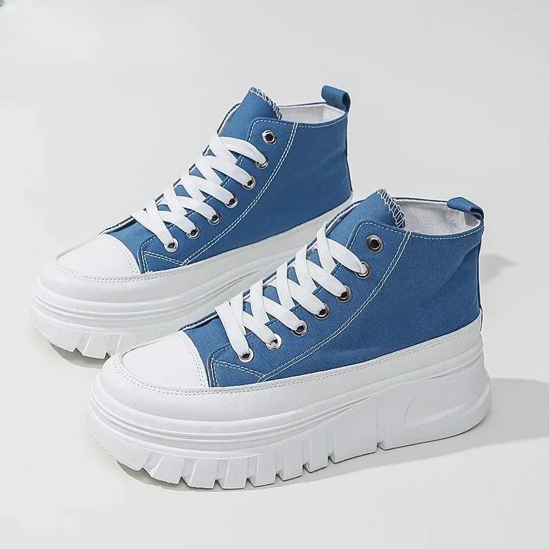 Sapatos femininos casuais de cano alto, cor sólida, versáteis, de lona, cano alto, com cadarço, confortáveis e respiráveis