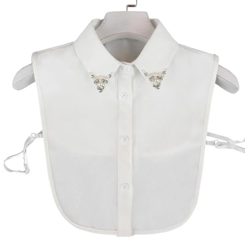 Fashion Ladies Fake Collar for Women Chiffon Fake Collar Rhinestone False Collar Lapel Detachable Button Half-Shirt Blouse Top