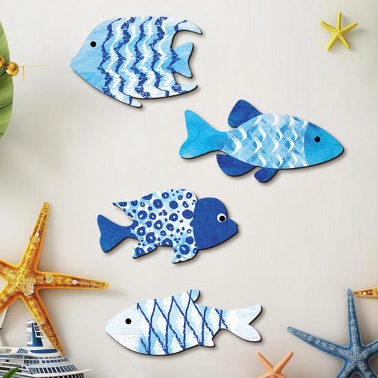 4Pcs Vintage Beach Wall Decor Nautical Coastal Wooden Fish Wall Art Ocean Style Fish Sculpture Lake House Hanging Decoration for Bathroom Bedroom